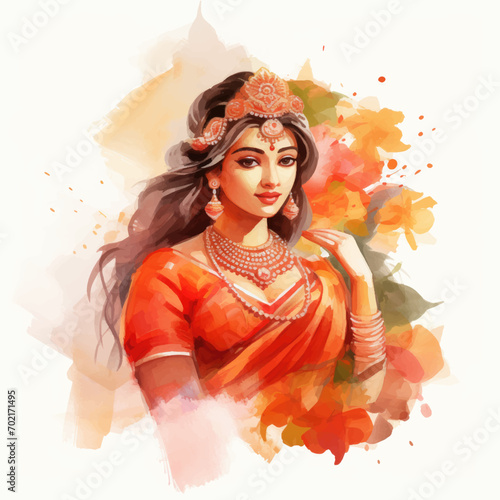 Happy Gudi Padwa greeting card. Indian woman in traditional indian dress with flowers.