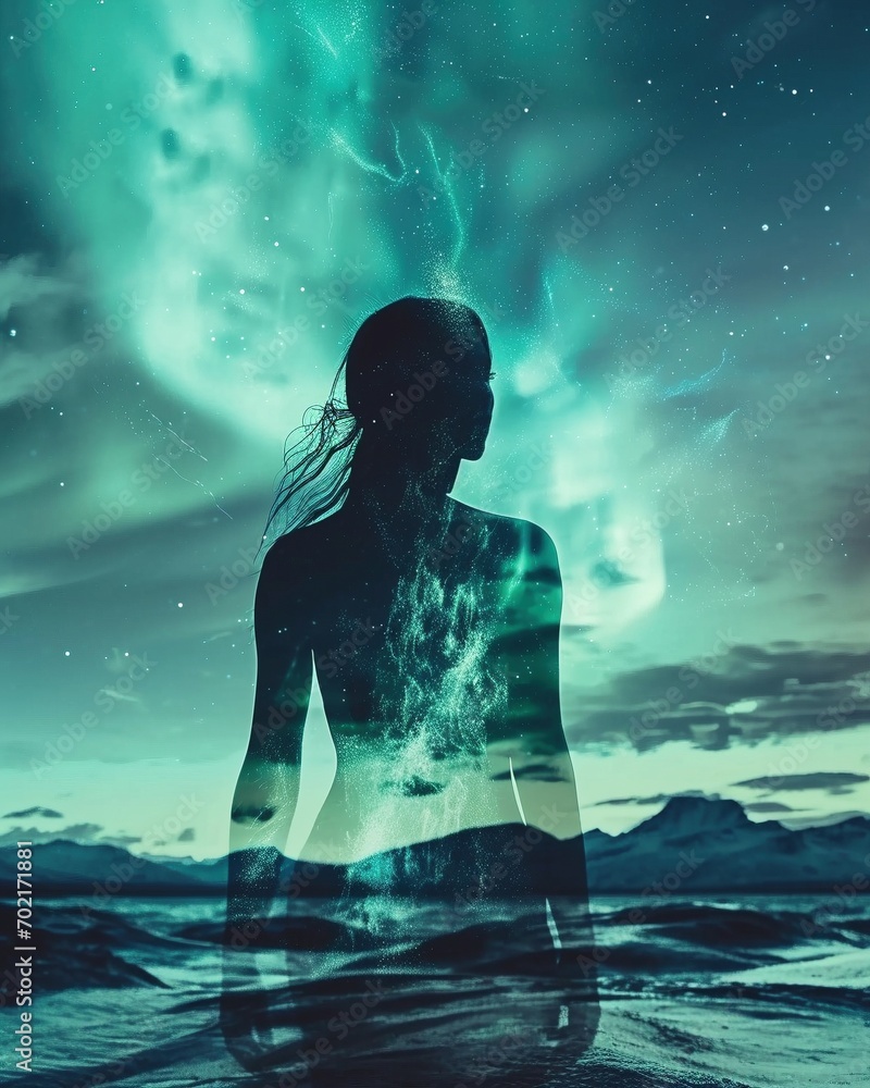 Embark on an enchanting visual journey with a double exposure, where the silhouette of a full-body woman merges gracefully with the night sky adorned by the magical Northern Lights