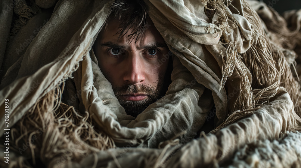 Man wrapped in tattered fabric. Man wrapped in tattered fabric.