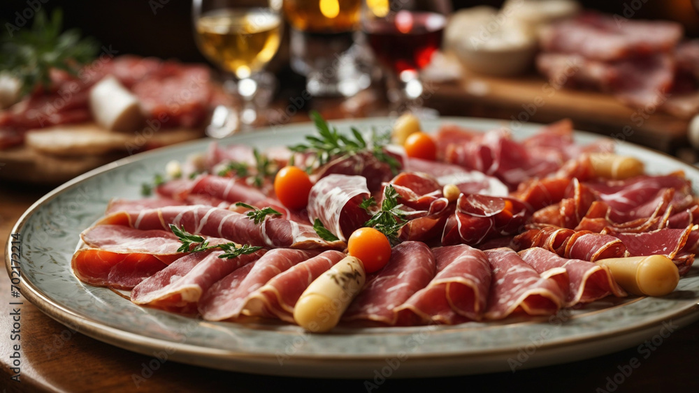 Italian culinary delight with a tempting stock photo of an artfully arranged plate featuring a selection of authentic salumi