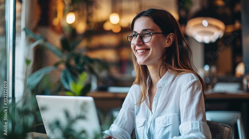 Office, happy and business woman on laptop for research project, online proposal and browse website. Thinking Office, happy and business woman on laptop for research project, online proposal and browse website. Thinking