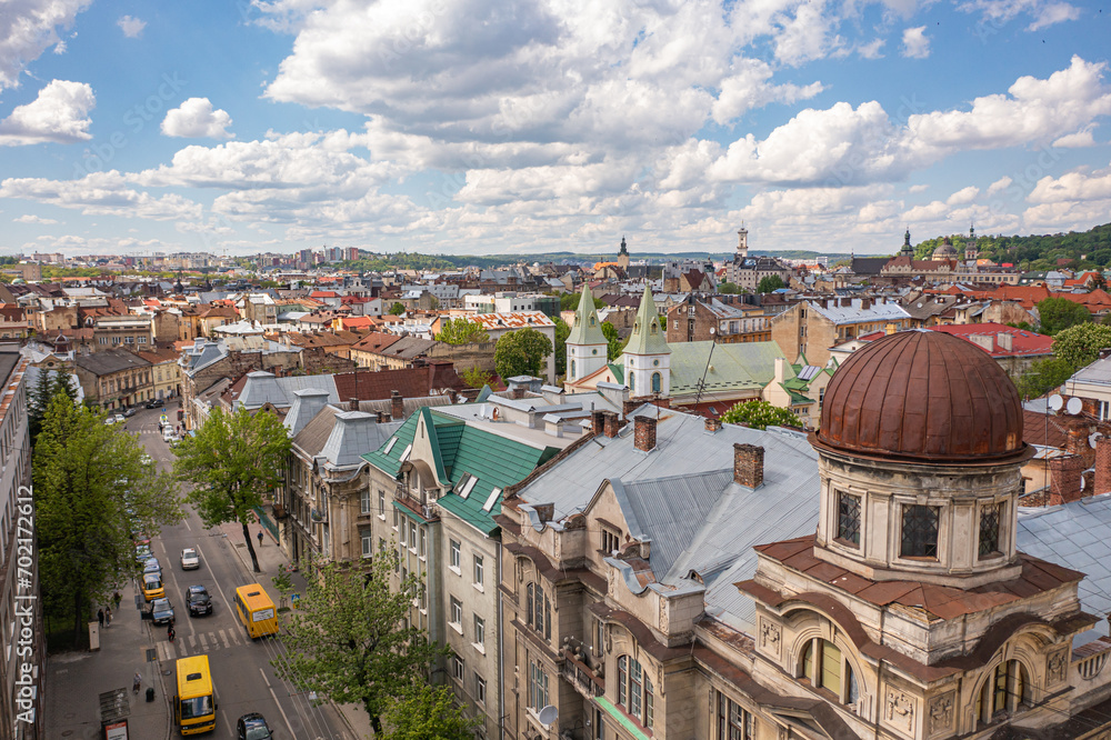 Fototapeta premium Panoramic aerial view on Lviv from drone