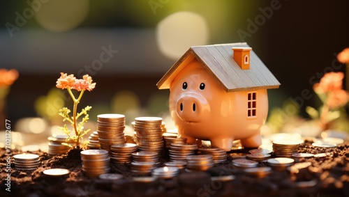 Piggy bank with a house roof and a stack of coins, investment concept photo