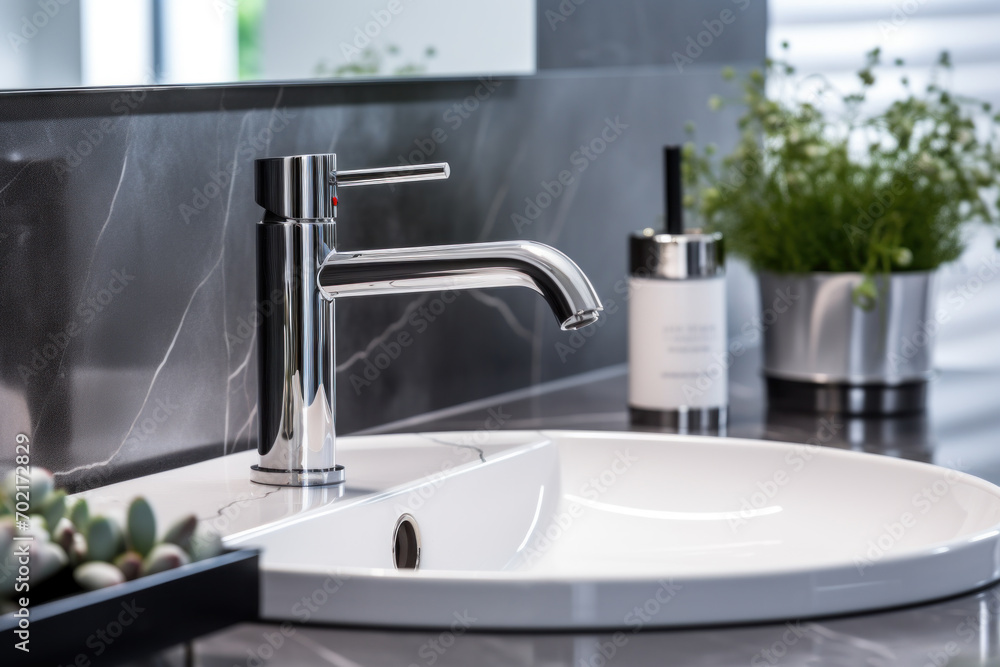 Sleek white sink in a stylish bathroom setting Sleek white sink in a stylish bathroom setting
