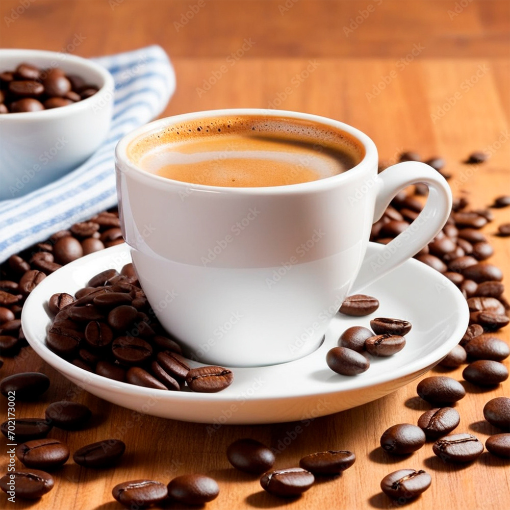 Obraz premium Coffee cup and coffee beans on wooden table. Close up.