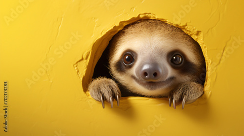 sloth peeking out of a hole in the yellow wall  in the style of photorealistic