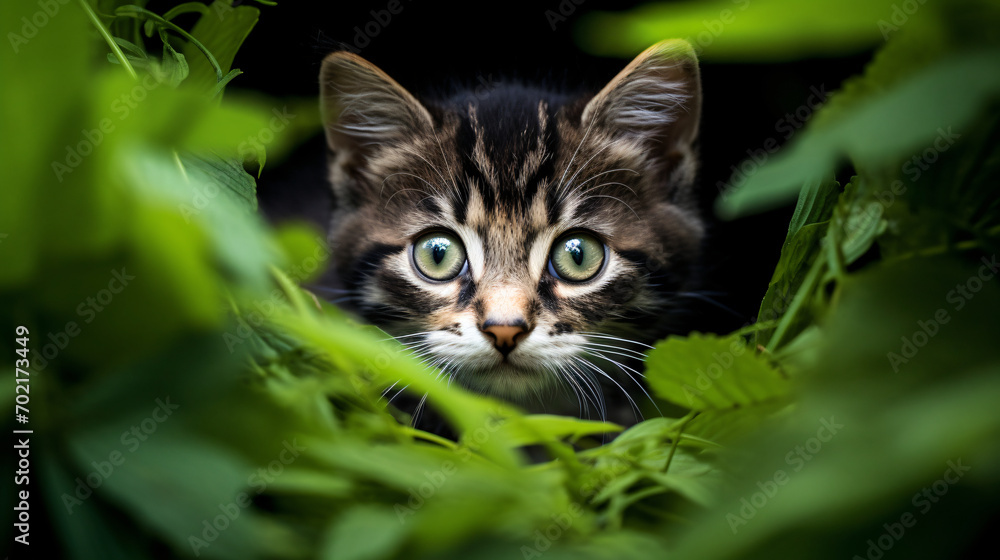 a cute kitten peeking through the leaves of a gardening area