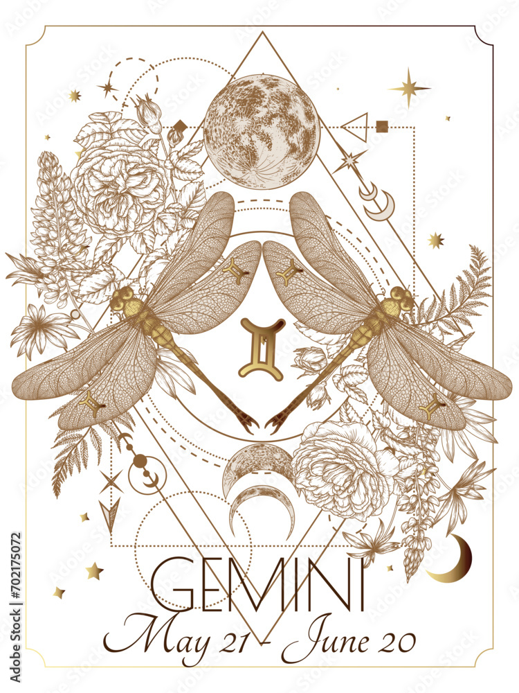 Vector illustration of zodiac signs in flowers. Gemini dragonflies in ...