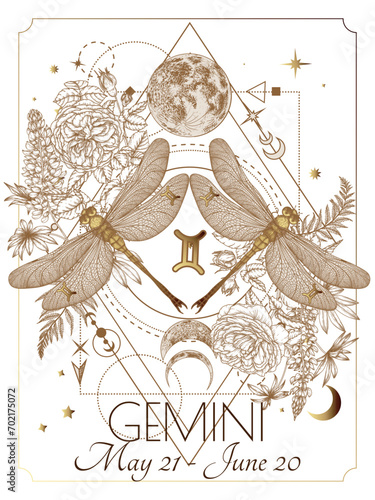 Vector illustration of zodiac signs in flowers. Gemini dragonflies in white and gold colors in engraving style