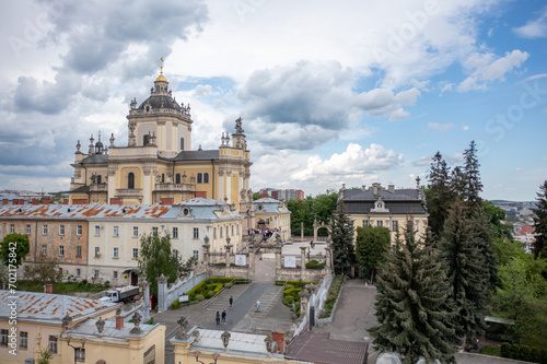 Aerial view on St. George's Cathedral in Lviv, Ukraine from drone photo