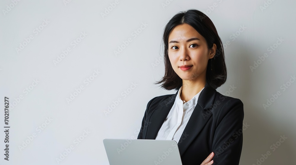 Portrait of Asian teacher with laptop on white background, Portrait of Asian teacher with laptop on white background,