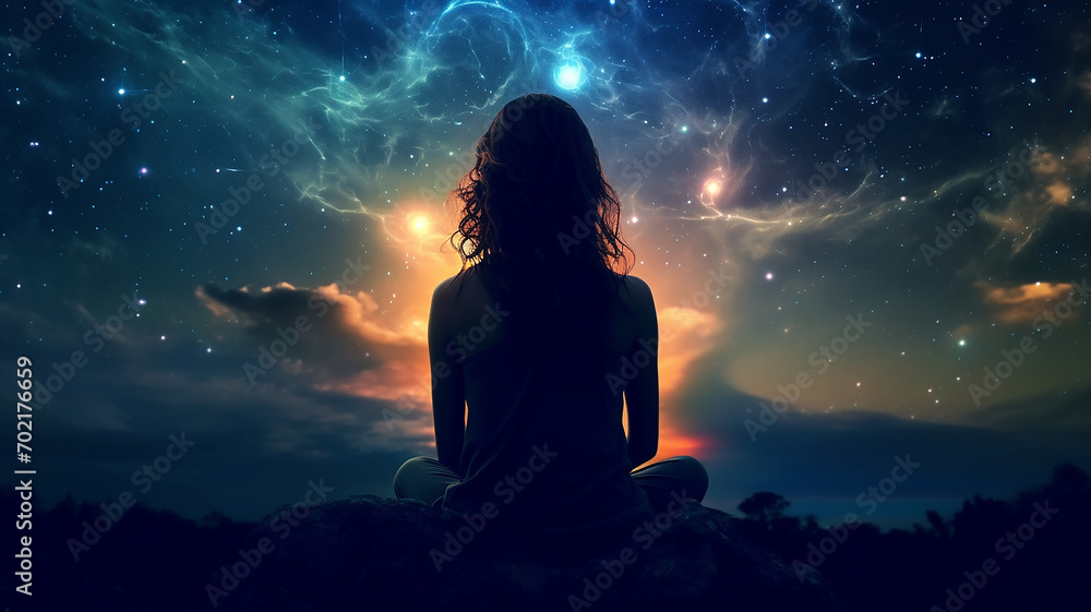 the girl is sitting and watching the starry sky, night fantasy view from the back, abstract graphic illustration the girl is sitting and watching the starry sky, night fantasy view from the back, abstract graphic illustration
