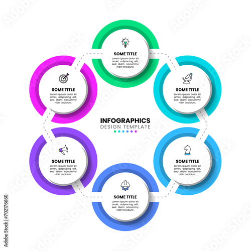Infographic template. 6 circles connected by a hexagon