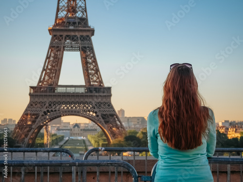 A girl with long hair looks at the Eiffel Tower at dawn