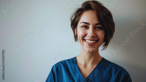 Portrait of female doctor smiling over white background. Confident healthcare worker is wearing lab coat in studio. Professional is with stethoscope photo