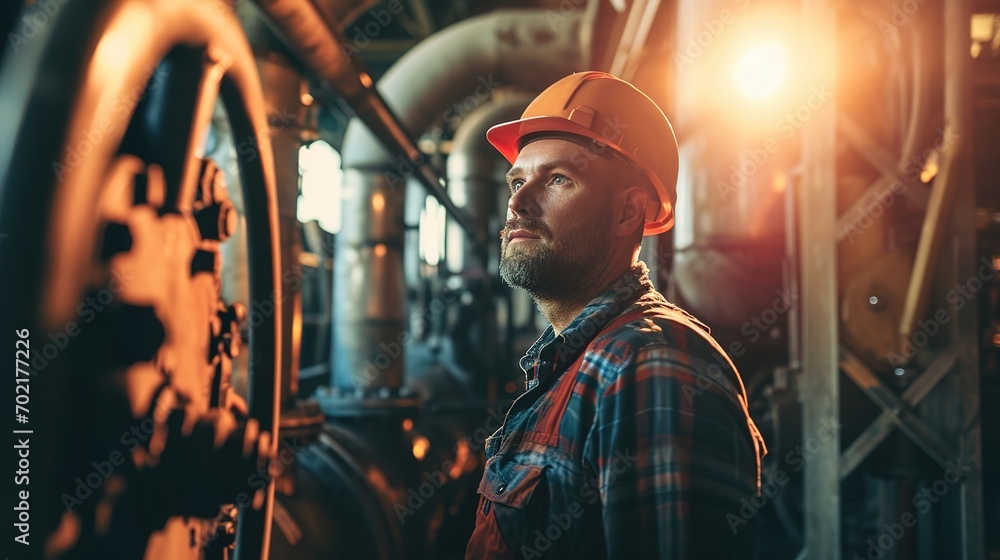 Portrait of HVAC engineer working in boiler room, Engineer working in gas boiler room for steam production of factory industrial manufactured, working in the boiler room, maintenance.