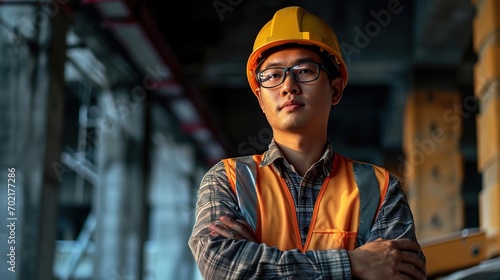 Portrait of male asian architect, construction worker standing with arms crossed