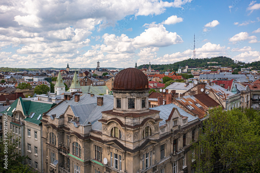 Fototapeta premium Panoramic aerial view on Lviv from drone