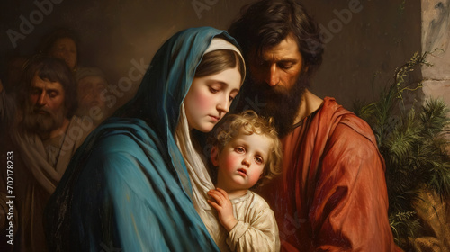 Beautiful scene of the Holy Family, Jesus, Mary and Joseph, created with Generative Ai technology.