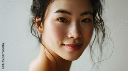 Portrait of a young cheerful woman looking at the camera, beauty and spa, Asian woman portrait on a white background.