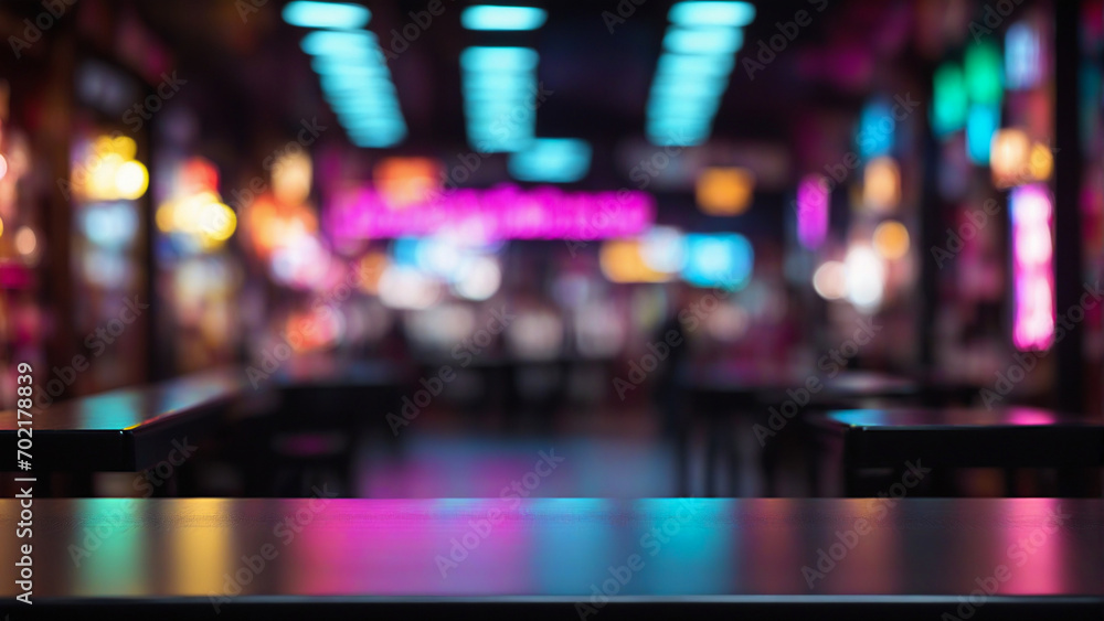 A table in a nightclub cafe for product presentation and advertising on a blurred background