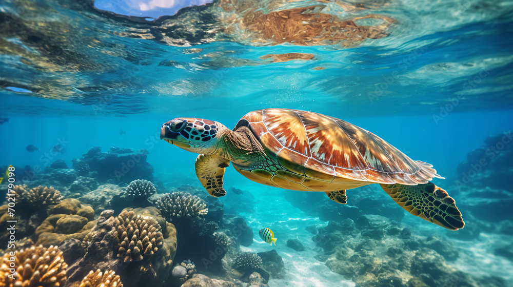 Underwater photographs of swimming sea turtles