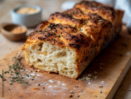 Golden crispy focaccia loaf on a cutting board, sprinkled with salt and herbs, side view, homemade bread.