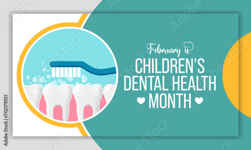 Children's dental health month is observed every year in February, to teach children the importance of good oral hygiene at an early age and visiting the dentist regularly. Vector illustration