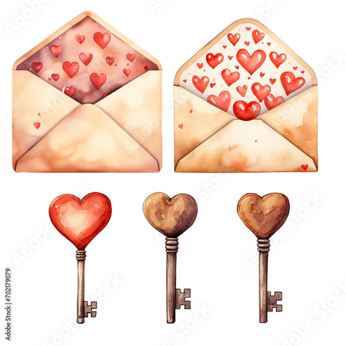 Wallpaper Mural Collection of watercolor paper envelopes and keys, Valentine's Day Torontodigital.ca