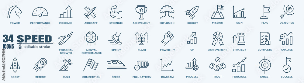 Speed and performance icon set. Containing fast, productivity, indicator, turbo, speeding and speedometer icons. Thin line icon collection. Vector illustration. - obrazy, fototapety, plakaty 