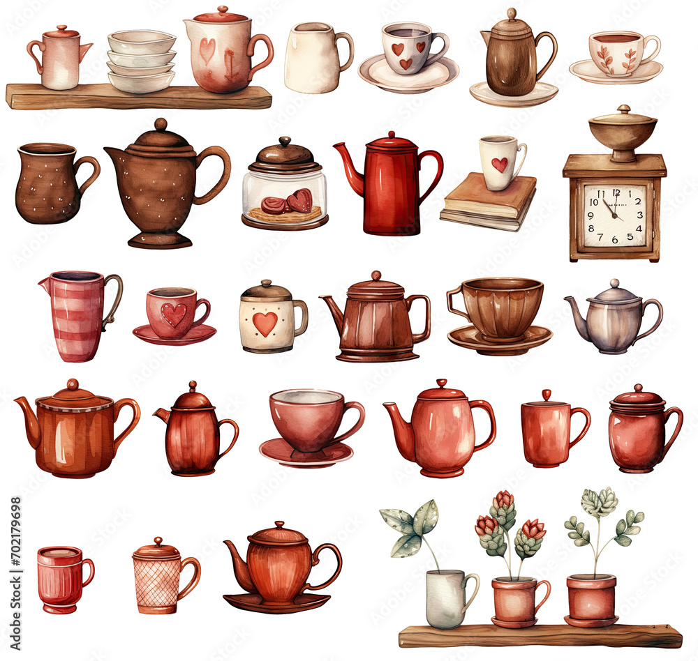 custom made wallpaper toronto digitalCollection of watercolor mugs and teapots, Valentine's Day