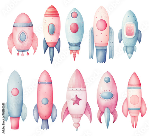 Wallpaper Mural Collection of cute watercolor rockets, pastel colors, Valentine's Day Torontodigital.ca