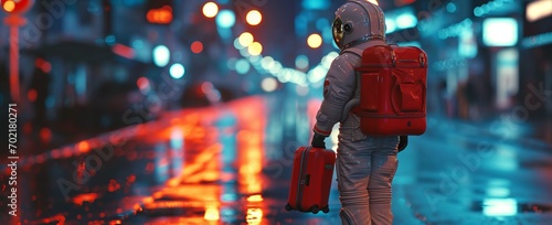 An astronaut walks through the illuminated night streets of the city holding a suitcase in his hands