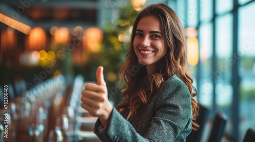 beautiful young businesswoman showing thumbs up while standing in the boardroom