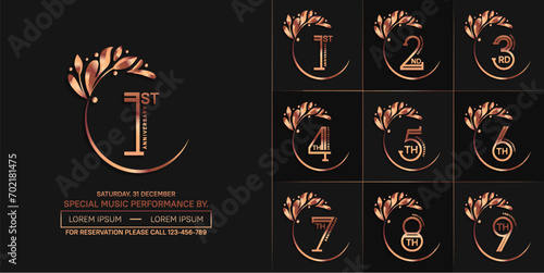 set of anniversary logotype copper color with swoosh and ornament for special celebration event