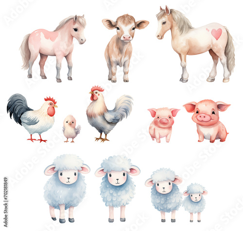 Cute farm animals. Watercolor illustration
