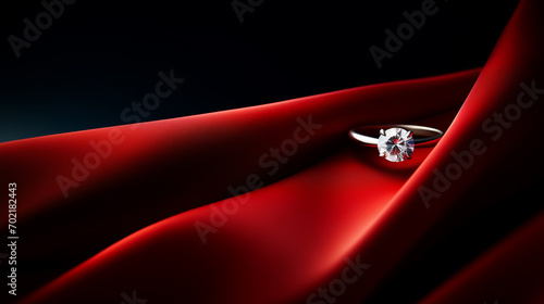 Bellissimo ed elegante anello di fidanzamento con diamante su un tessuto di raso rosso