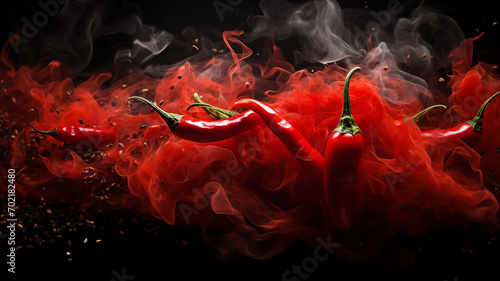 fresh hot red chili pepper on a black background, fiery hot seasoning photo