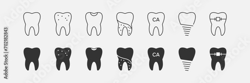 Tooth line and black icons set. DENTISTRY and Orthodontic symbols. Dentist, Teeth, Human Health, Implant, Dental Braces. Vector illustration