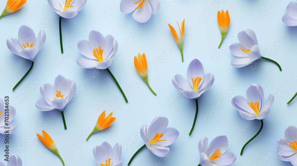 flat lay top view crocus flowers scattered on clean blue background ,fashionable flowers art photo design, Generative Ai - obrazy, fototapety, plakaty 