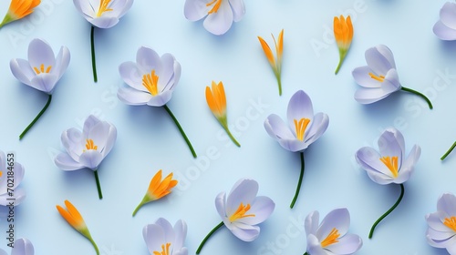 flat lay top view crocus flowers scattered on clean blue background ,fashionable flowers art photo design, Generative Ai photo