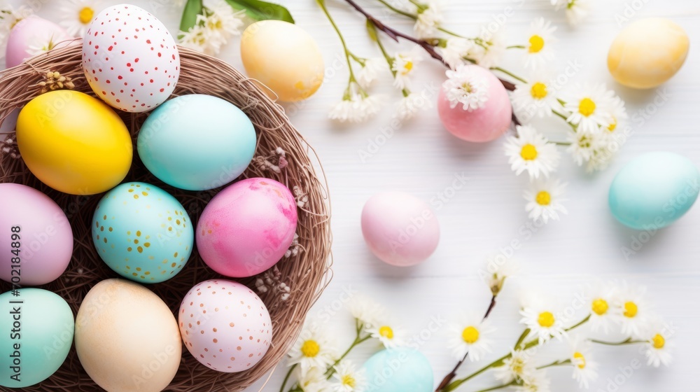 Colourful Easter Eggs and Blooms on White Background.
An array of multicoloured Easter eggs with a backdrop of delicate white flowers.