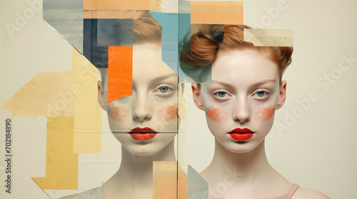 Modernist art; poster with model portrait, duplicate face collage, artistic composition of pretty female face with vintage red hairstyle, woman with red lipstick