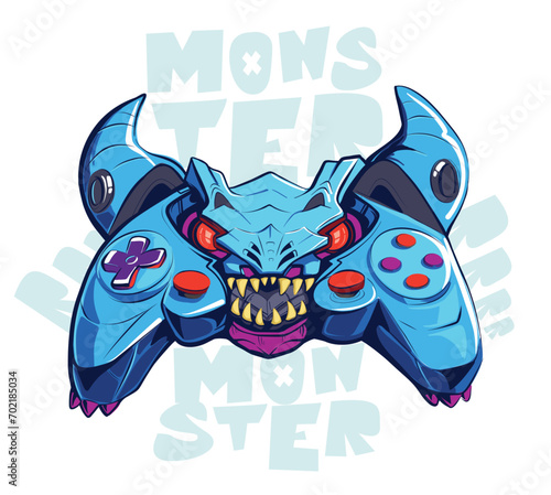 Cartoon monster Gamepad illustration on lettering background. Typography t shirt design with monster gamepad. Gaming print