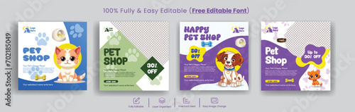 Pet shop, veterinary clinic, pet grooming, pet clinic social media post banner set and pet care Instagram advertising template bundle 
with dog illustration background design pack