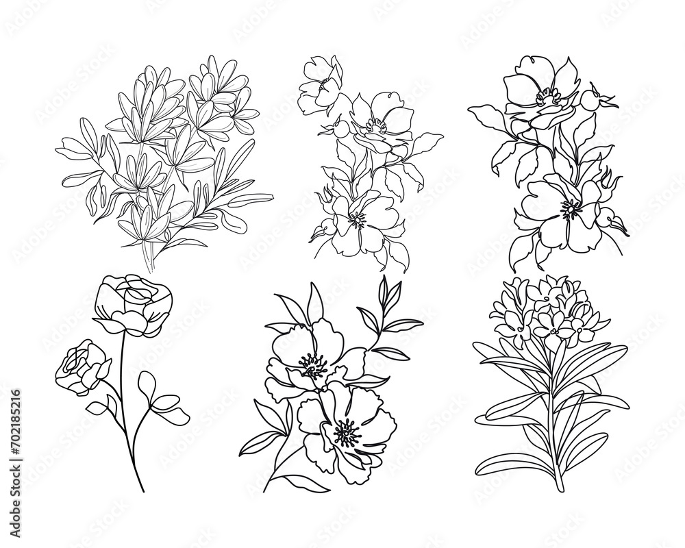 set of black and white line art flowers