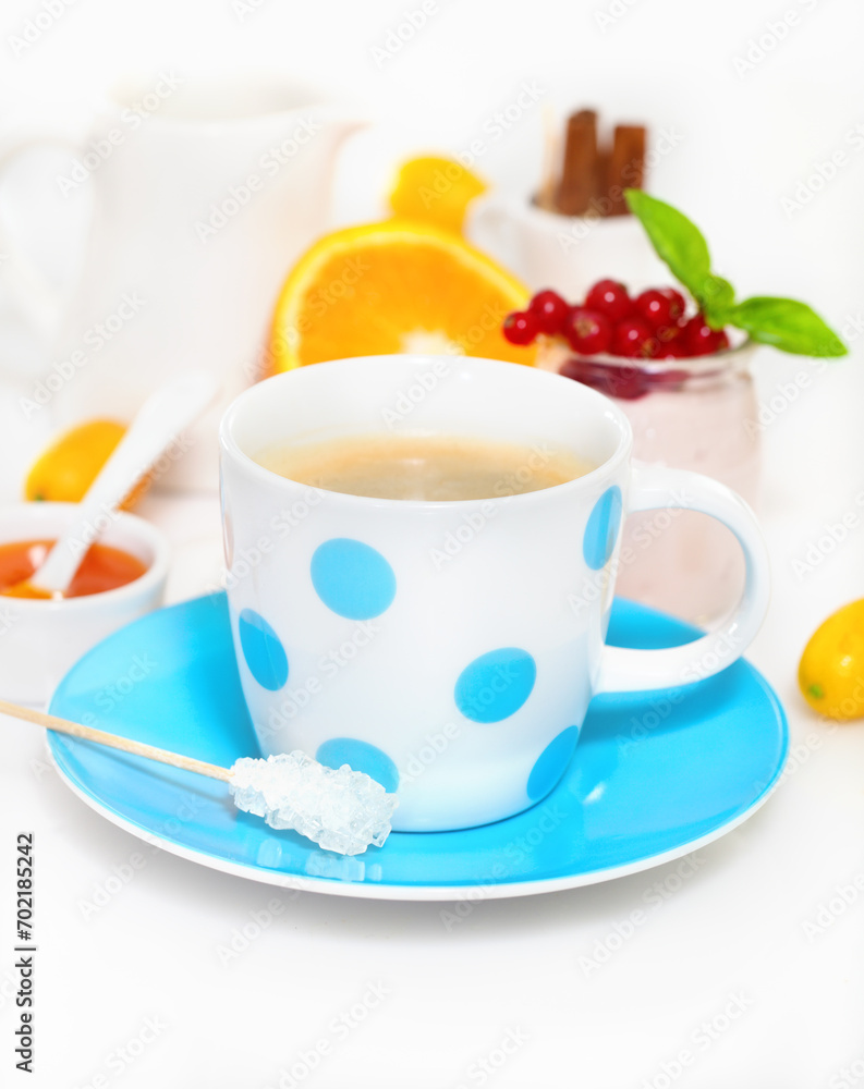 Delicious breakfast with fresh coffee, fresh waffles and fruits Delicious breakfast with fresh coffee, fresh waffles and fruits