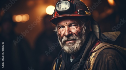 Close-up of a tired dirty miner in a red helmet with a lantern in a dark tunnel.