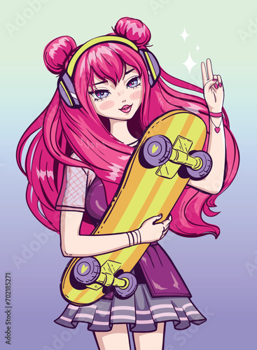 Cute anime girl holding a skateboard in her arms. Cartoon vector illustration of girl with long pink hair.