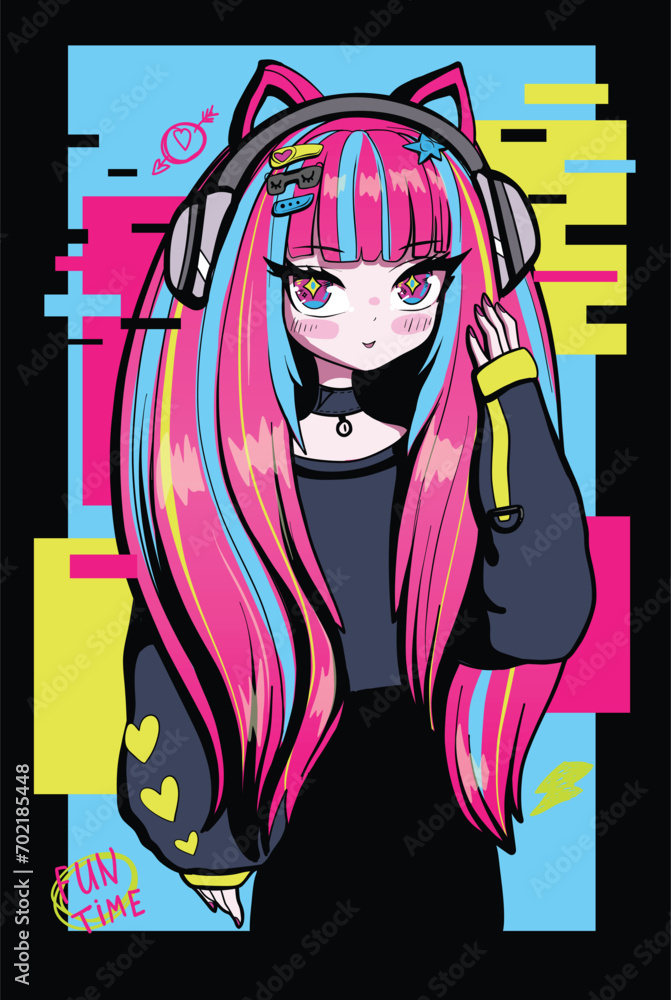 Anime girl with cat ears headphones on digital colorful background. Teenager fashion girl. Japanese woman. Anime girl with cat ears headphones on digital colorful background. Teenager fashion girl. Japanese woman.